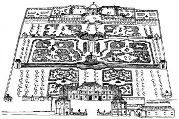 Pohled na zahradu v Duchcově - překresleno z dobové ilustrace ( © Pavel Vlček: Ilustrovaná encyklopedie českých zámků, Libri, Praha 1999)