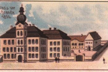 údajná podoba zámku před požárem r. 1806 na pohlednici z roku 1899 (© kol.: Zámek v Mimoni. Zbytečně zbořená památka, Město Mimoň, 2013)