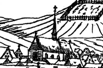 kostel na výřezu z veduty Jana Willenberga (© J. Úlovec: Hrady, zámky a tvrze Klatovska, Libri, Praha 2004)