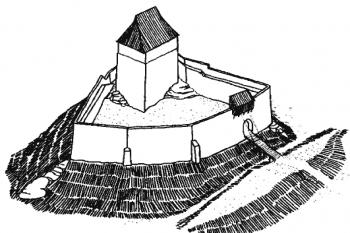 rekonstrukce podoby z konce 14. století ( © L. Kajzer, S. Kołodziejski, J. Salm: Leksykon zamków v Polsce,nakl. Arkady, Warszawa, 2003)