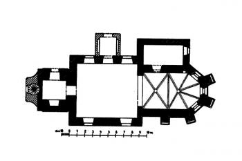 půdorys kostela (© Zdeněk Wirth: Soupis památek historických a uměleckých v Království Českém, sv. 16 Politický okres vysokomýtský, Archaelogická komise při České akademii císaře Františka Josefa pro vědy, slovesnost a umění, Praha 1902)