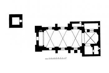půdorys kostela se zvonicí (© Josef Soukup: Soupis památek historických a uměleckých v Království Českém, sv. 18 Politický okres Pelhřimovský, Archaelogická komise při České akademii císaře Františka Josefa pro vědy, slovesnost a umění, Praha 1903)