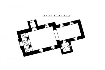 půdorys kostela (© Josef Soukup: Soupis památek historických a uměleckých v Království Českém, sv. 18 Politický okres Pelhřimovský, Archaelogická komise při České akademii císaře Františka Josefa pro vědy, slovesnost a umění, Praha 1903)