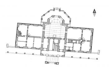 Půdorys přízemí (Úlovec Jiří, Hrady, zámky a tvrze na Ústecku, Ústecká vlastivěda sv III, Město Ústí nad Labem, 2002, str. 217)