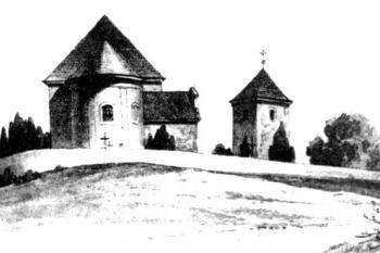 kostel se zvonicí od východu v 19. století na kresbě K. Liebschera (© Karel Kuča: České, Moravské a slezské zvonice; Libri, Praha 2001)