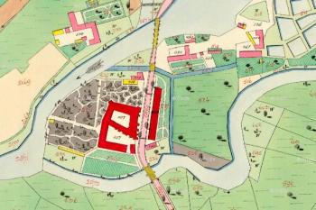 Areál bývalého hodonínského hradu upraveného na tabačku v roce 1827 zachycený na mapě Stabilního katastru  ( © Český úřad zeměměřický a katastrální )
