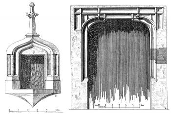 nákres sanktuaria a portálu do sakristie z rukopisu V. K. Vendla (© Jana Marešová (ed.): Fontes historiae artium XIII: Edice nedokončeného soupisu památek politického okresu pardubicko-holicko-přeloučského, Artefactum, Praha 2007)