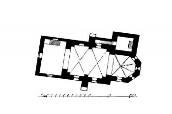 půdorys kostela (© Karel Chytil: Soupis památek historických a uměleckých v Království Českém, sv. 11 Politický okres chrudimský, Archaelogická komise při České akademii císaře Františka Josefa pro vědy, slovesnost a umění, Praha 1900)