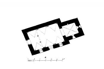 půdorys kostela (© František Mareš, Jan Sedláček: Soupis památek historických a uměleckých v Království Českém, sv. 38 Politický okres Prachatický, Archaelogická komise při České akademii císaře Františka Josefa pro vědy, slovesnost a umění, Praha 1913)