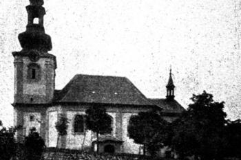 kostel od jihu na počátku 20. století (© Antonín Podlaha: Posvátná místa království Českého; Díl 7., Vikariát Slánský, Dědictví sv. Jana Nepomuckého, Praha 1913)