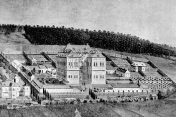 zámek od jihozápadu na pozdně barokní nástěnné malbě v 1. patře východního křídla (© Antonín Cechner: Soupis památek historických a uměleckých v Království Českém, sv. 39 Politický okres rakovnický, II. díl, Archaelogická komise při České akademii císaře Františka Josefa pro vědy, slovesnost a umění, Praha 1913)