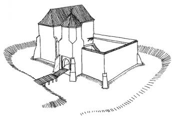 hmotový rekonstrukce - pohled od jihovýchodu ( © A. Miłobędzki, 1959 (in L. Kajzer, S. Kołodziejski, J. Salm: Lexikon zamków v Polsce, nakl. Arkady, Warszawa 2003))