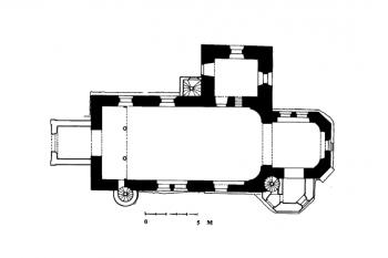půdorys kostela (© Antonín Podlaha, Eduard Šittler: Soupis památek historických a uměleckých v Království Českém, sv. 15 Politický okres Karlínský, Archaelogická komise při České akademii císaře Františka Josefa pro vědy, slovesnost a umění, Praha 1903)