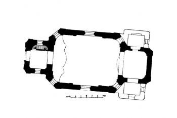 půdorys kostela (© Antonín Podlaha, Eduard Šittler: Soupis památek historických a uměleckých v Království Českém, sv. 15 Politický okres Karlínský, Archaelogická komise při České akademii císaře Františka Josefa pro vědy, slovesnost a umění, Praha 1903)