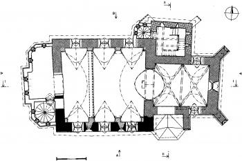půdorys kostela (Průzkumy památek II/1998 KOSTEL SV. LEONARDA V MUŠOVĚ Pavel Borský, Dagmar Černoušková, Lubomír J. Konečný)