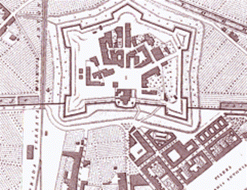 Půdorys z. r. 1855 Obrázek ukazuje situaci před demolicí stěn Arnolfo  (zdroj: http://www.limen.org)