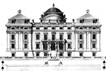 zahradní průčelí na anonymní kresbě podle Domenica Martinelliho ( © Jiří Kroupa: Funkce, forma a mentality v raně novověké profánní architektuře (in Monumentorum Moraviae tutela 8, Národní památkový ústav, územní odborné pracoviště v Brně, Brno 2004))