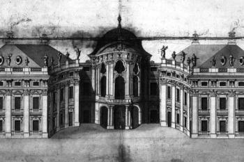 nádvorní fasáda na kresbě Václava Antonína Kaunitz-Rietberg ( © Jiří Kroupa: Funkce, forma a mentality v raně novověké profánní architektuře (in Monumentorum Moraviae tutela 8, Národní památkový ústav, územní odborné pracoviště v Brně, Brno 2004))