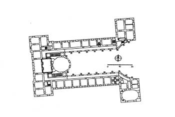 půdorys přízemí zámku ( © Kudělka, Zdeněk, ed. et al. Umění baroka na Moravě a ve Slezsku. Vyd. 1. Praha: Academia, 1996)