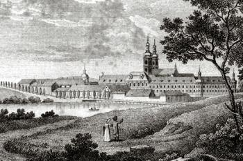 pohled na klášter od jihu r. 1820 ( © Milan Hlinomaz: Karlovarští rodáci v Klášteře premonstrátů Teplá, Historický sborník Karlovarska, SOkA Karlovy Vary, Karlovy Vary 2000)