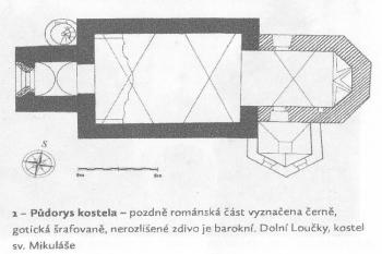 Půdorys kostela (z díla A. Flídra: Architektonické proměny..., citace v sekci historie) (© )