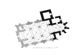půdorys kostela (© Ferdinand Velc: Soupis památek historických a uměleckých v Království Českém, sv. 20 Politický okres slanský, Archaelogická komise při České akademii císaře Františka Josefa pro vědy, slovesnost a umění, Praha 1904)