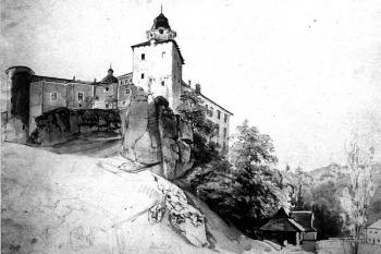 pohled od severovýchodu - v popředí věž Dorotka rozebraná roku 1850 ( © J. N. Głowacki, před r. 1850)