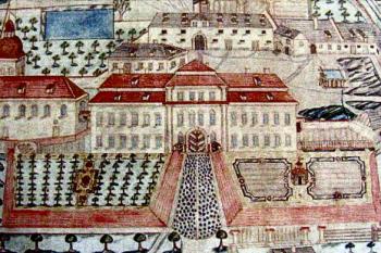 zámek s kostelem od jihu na konci 18. století (© Státní oblastní archiv Klatovy (in M. Hauserová, K. Nováček, M. Čechura, M. Falta: Románský kostel sv. Petra a Pavla ve Svojšíně, Průzkumy památek 2011/I, NPÚ, ÚOPstředních Čech v PRaze, Praha 2011))