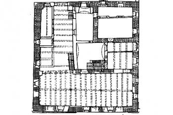 plán přízemí (© J. Úlovec podle M. Kruckého (in J. Úlovec: Ohrožené hrady, zámky a tvrze Čech, 2. díl [N-Ž], Libri, Praha 2005))