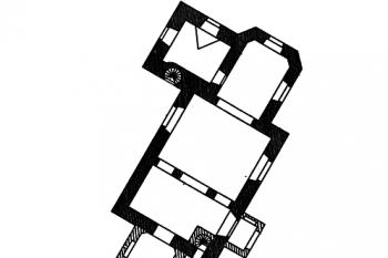 půdorys kostela (© Antonín Podlaha: Soupis památek historických a uměleckých v Království Českém, sv. 09 Politický okres Rokycanský, Archaelogická komise při České akademii císaře Františka Josefa pro vědy, slovesnost a umění, Praha 1900)