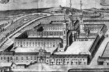 klášter od východu na rytině Petra A. Versy r. 1726 ( © Věra Naňková: Drobná zjištění k českému baroknímu umění, Umění XVII/6, Academia, Praha 1969)