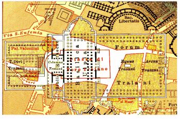 Plánek Trajánova fóra na dnešní zástavbě. (© zdroj:https://cs.wikipedia.org)