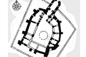 půdorys s vyznačením dochovaného zdiva ( © Bohdan Guerquin: Zamki w Polsce, 1974)