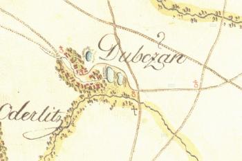 Dubčanech na staré mapě, ještě se třemi rybníky. (© zdroj:http://oldmaps.geolab.cz)