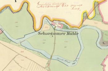 Podoba mlýna v císařském povinném otisku stabilního katastru z r. 1834. (© zdroj: http://archivnimapy.cuzk.cz)