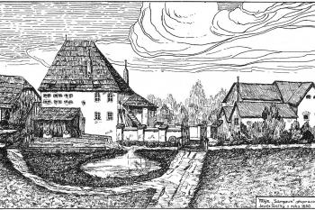 Šargounský mlýn kolem r.1880.  Pohled od Rozvadovic. (Podle kezby Josefa Špičky přepracoval J.Rohm.)