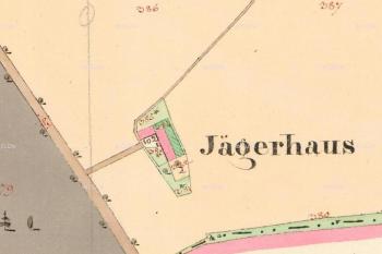 Objekt označený jako Jägerhaus (hájovna) na císařském povinném otisku map stabilního katastru Moravy a Slezska z r. 1833. (© zdroj: http://archivnimapy.cuzk.cz)