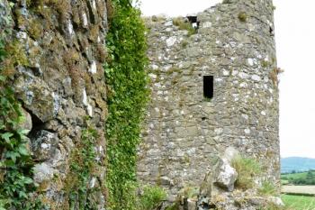 Ochoz na koruně východní zdi velkého sálu při pohledu k severu s dvouvěžovým branským domem na pozadí.  Nalevo je střešní štít velkého sálu. (© Pavel Semple, 08/2015)