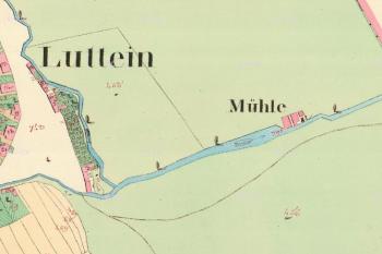 Mlýn ( Mühle ) na císařském povinném otisku map stabilního katastru Moravy a Slezska z r. 1833. (© zdroj: http://archivnimapy.cuzk.cz)