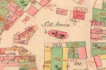 Původní starý kostel sv. Anny na Císařském povinném otisku stabilního katastru z r. 1824. (© zdroj: http://archivnimapy.cuzk.cz)