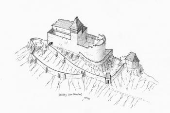 Pravděpodobná podoba vrcholné fáze hradu Děvíčky na základě prací dr. M. Plačka ( © Jan P. Štěpánek 11/2006)