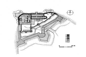 půdorys hradu (© M Bóna podle P. Bednára a I. Staníka (in M. Plaček, M. Bóna: Encyklopedie slovenských hradů, Libri, Praha 2007))
