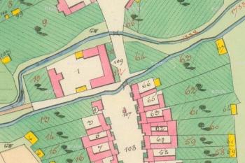 Areál zámku kolem roku 1826, kdy ještě sloužil svému původnímu účelu ( čp.1) na císařském povinném otisku map stabilního katastru Moravy a Slezska z r. 1826. (© zdroj: http://archivnimapy.cuzk.cz)