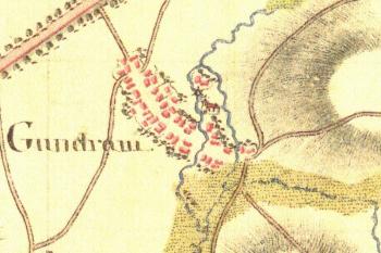 Mlýn (značka mlýna nad kostelem) na I. vojenském (josefském) mapování - Morava, mapový list č.78 z l. 1764 -1783 (© zdroj: http://oldmaps.geolab.cz)