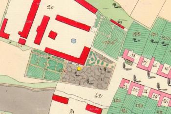 Dvůr a zámek se zahradou na císařském povinném otisku map stabilního katastru Moravy a Slezska z r. 1825. (© zdroj: http://archivnimapy.cuzk.cz)