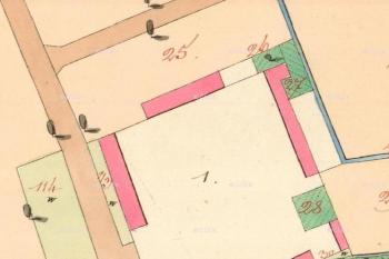 Dvůr a zámek na císařském povinném otisku map stabilního katastru Moravy a Slezska z r. 1825. (© zdroj: http://archivnimapy.cuzk.cz)