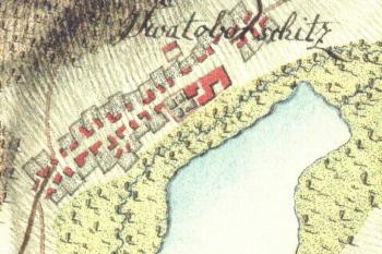 Areál dvora se zámkem na I. vojenském (josefském) mapování - Morava, mapový list č.104 z l. 1764-1783. (zdroj: http://oldmaps.geolab.cz)