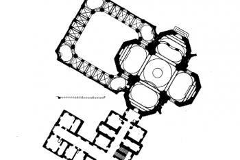 půdorys areálu (© Antonín Podlaha: Soupis památek historických a uměleckých v Království Českém, sv. 37 Politický okres kralovický, Archaelogická komise při České akademii císaře Františka Josefa pro vědy, slovesnost a umění, Praha 1912)
