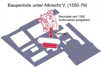 Zaznačení původního hradu Neuveste na plánu dnešní Residenz. (© zdroj:http://www.residenz-muenchen.de)