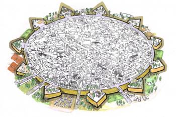 axonometrický pohled na současné historické jádro Nikósie v hradbách od jihu ( © Lara Alphas 2010)